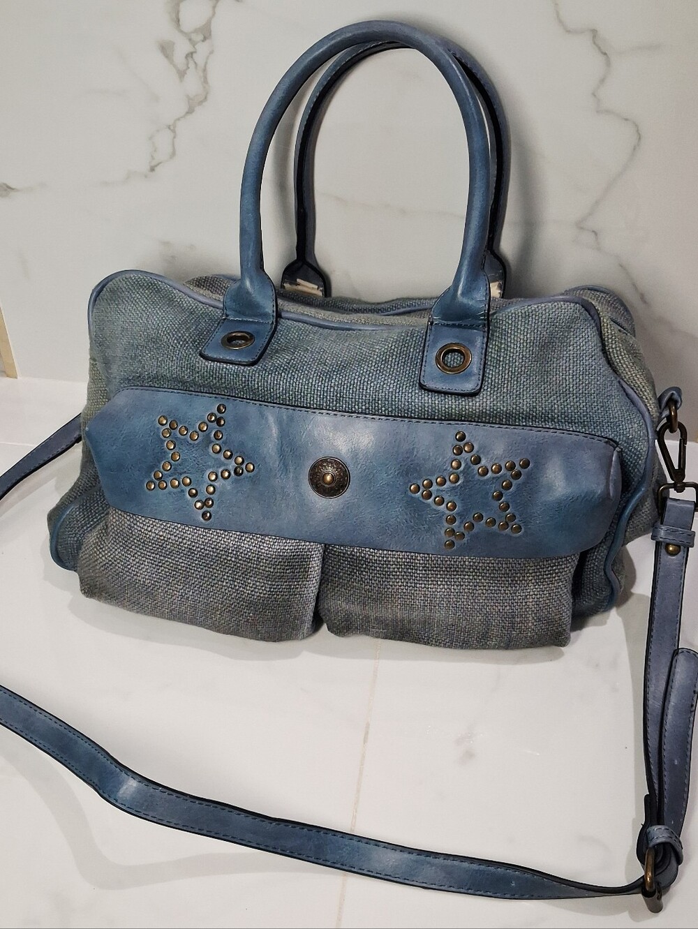 Blue Denim Star Stud Satchel Crossbody Day Bag Convertible Handle Boho Y2K